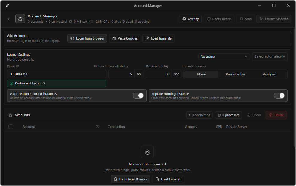 Volt Account Manager launch settings and account table